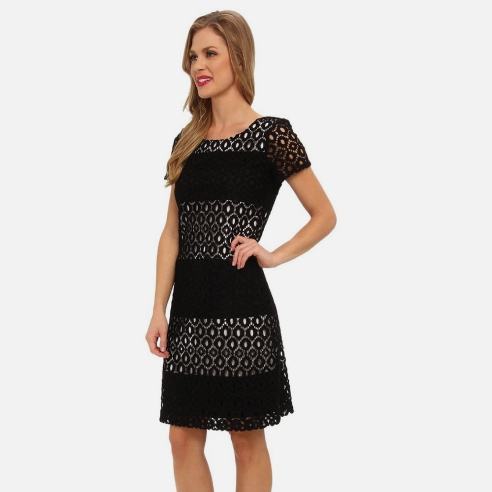 MUSE BLACK & WHITE CROCHETED OVERLAY KNIT DRESS